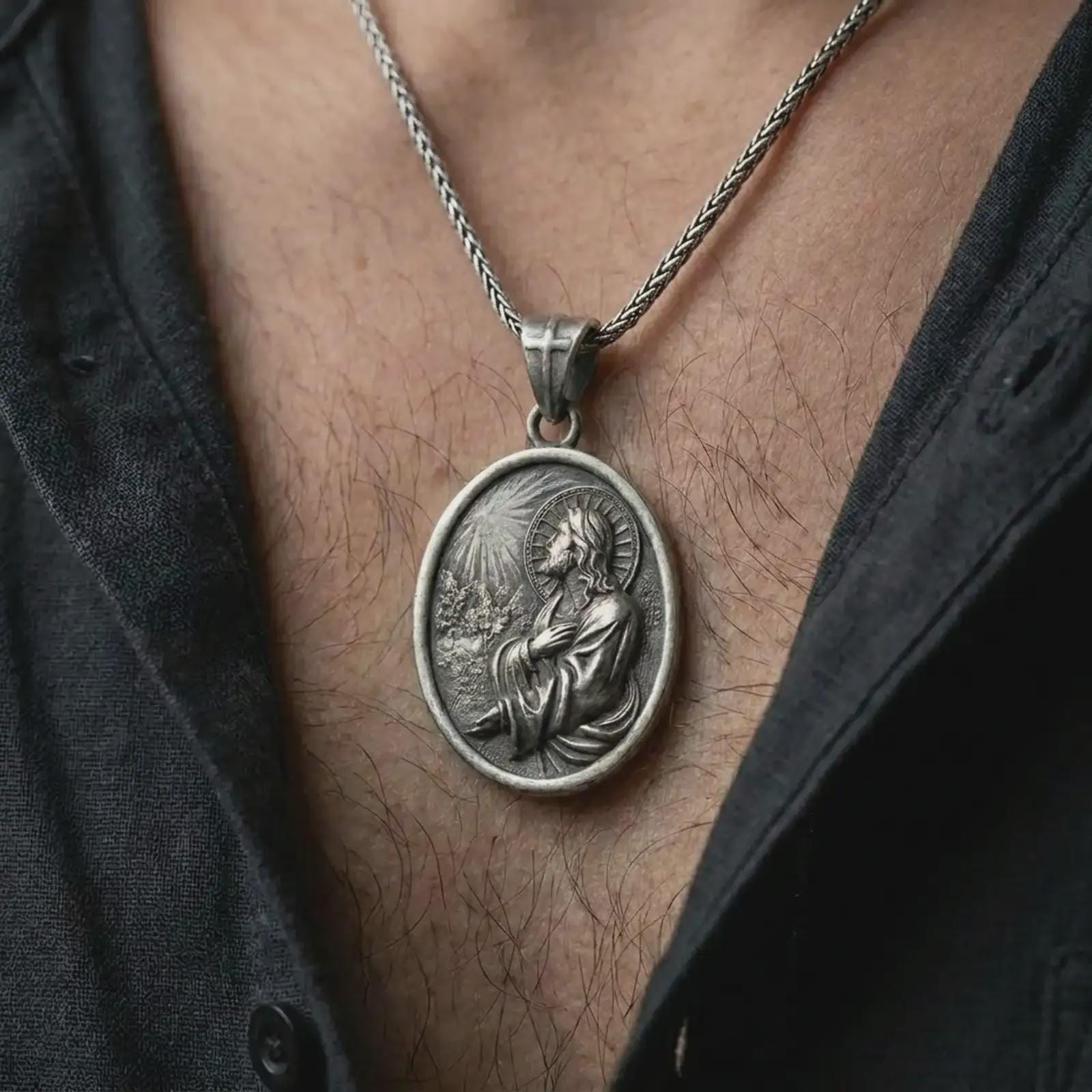Oxidized Jesus Christ prayer pendant necklace worn on the chest, close-up lifestyle jewelry photo showing the religious medallion on a spiga chain with dark clothing.