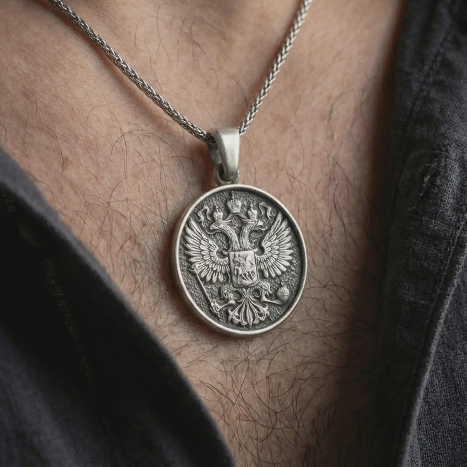 Oxidized double headed eagle pendant necklace worn on the neck, styled in a dark lifestyle image that presents the heraldic medallion as a bold historical and symbolic statement piece.