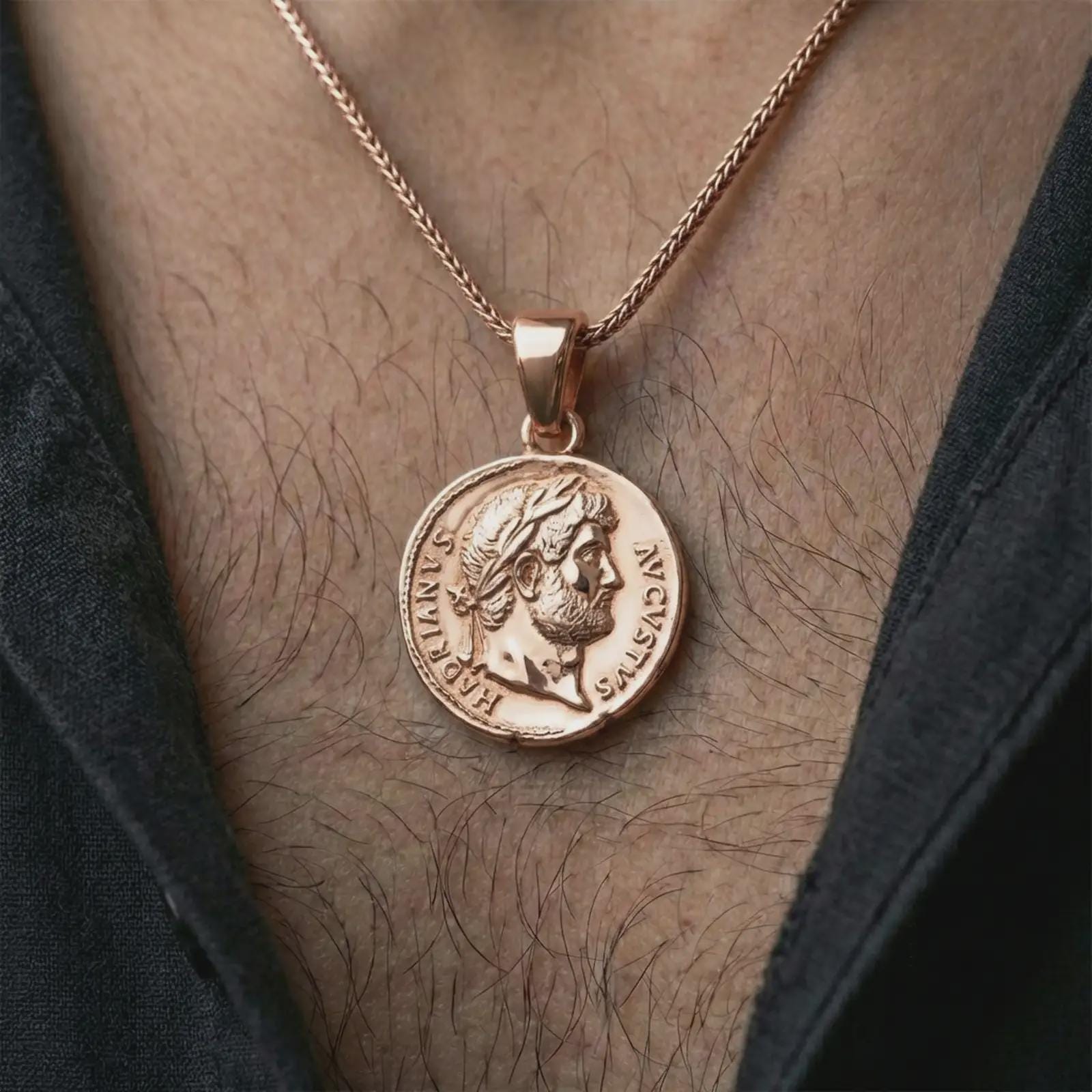 Rose gold plated Emperor Augustus coin pendant necklace worn on the neck, presented in an elegant model photograph with a timeless Roman and collector-inspired aesthetic.