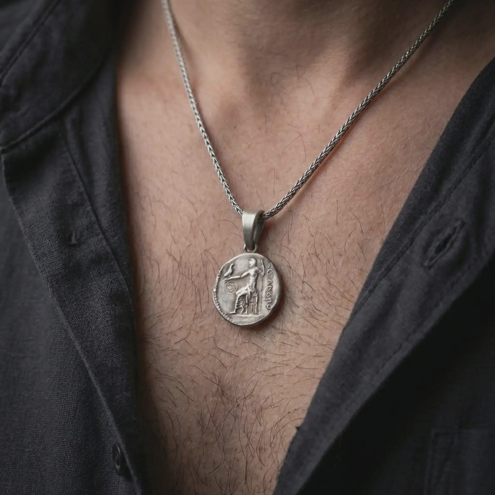 Oxidized Alexander the Great coin pendant necklace worn on the neck, styled in a dark lifestyle image that presents the ancient Greek coin motif as a bold historical and symbolic statement piece.