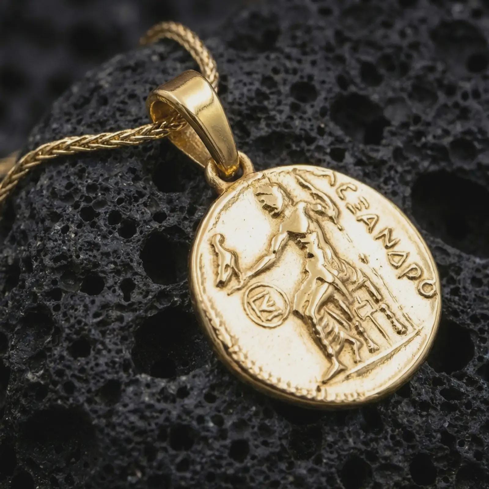 Gold plated Alexander the Great coin pendant necklace photographed on porous black volcanic stone, emphasizing the classical warrior motif and ancient coin silhouette in a refined luxury jewelry composition.
