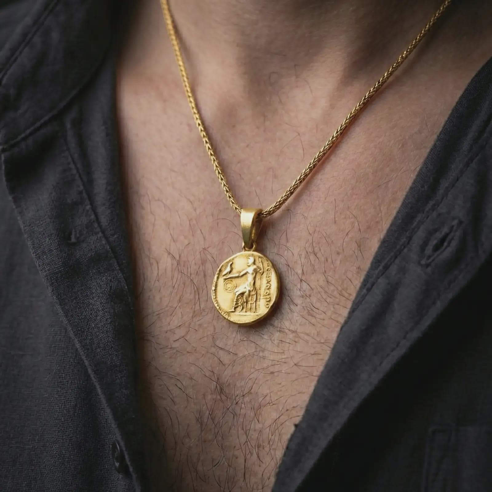 Gold plated Alexander the Great coin pendant necklace worn on the neck, captured in a premium lifestyle composition that highlights the warrior coin motif as a distinctive heritage jewelry accent.
