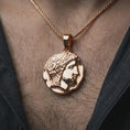 Load image into Gallery viewer, Rose gold plated ancient Greek coin pendant necklace worn on the neck, presented in an elegant model photograph with a timeless mythology and collector-inspired aesthetic.
