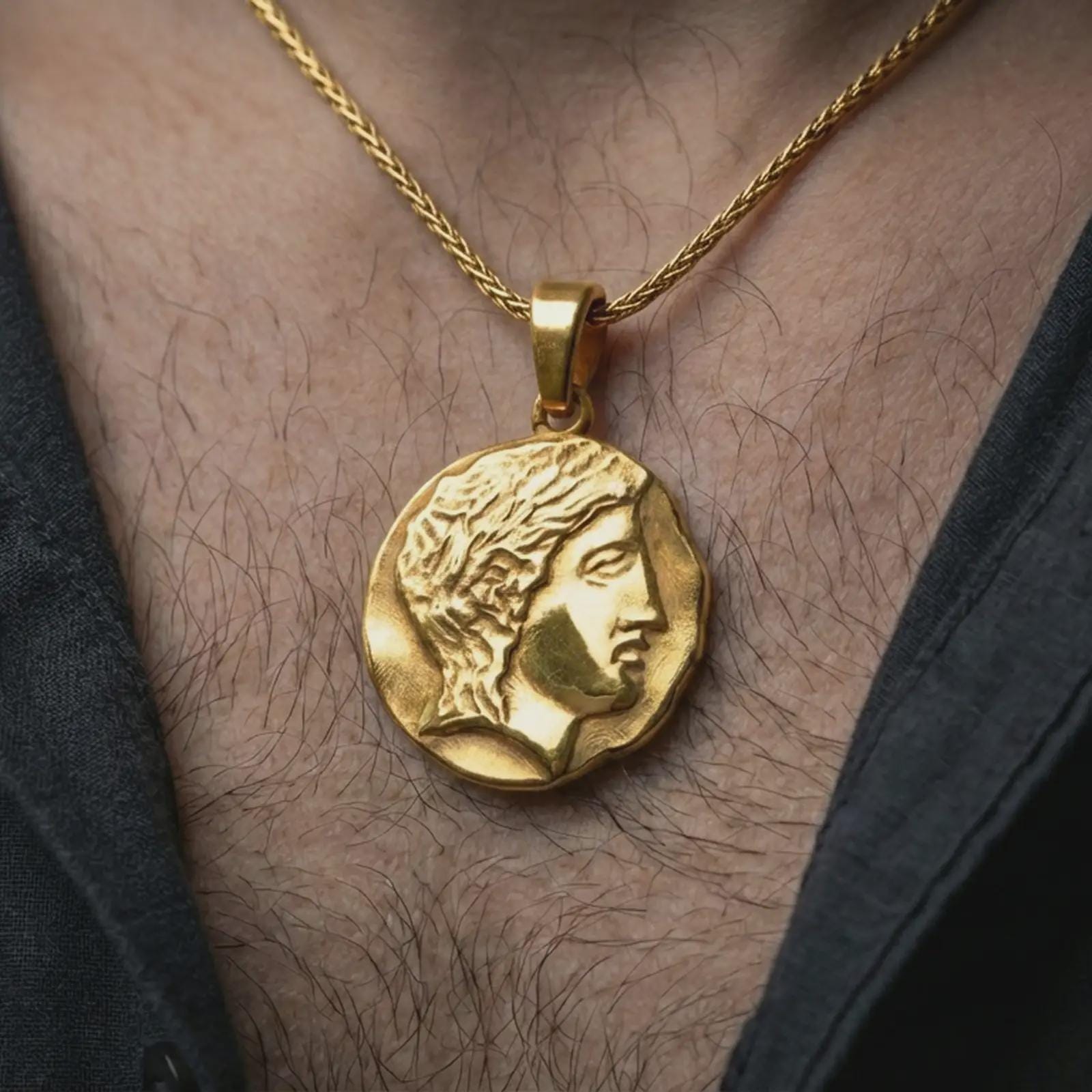Gold plated ancient Greek coin pendant necklace worn on the neck, captured in a premium lifestyle composition that highlights the female profile motif as a distinctive heritage jewelry accent.