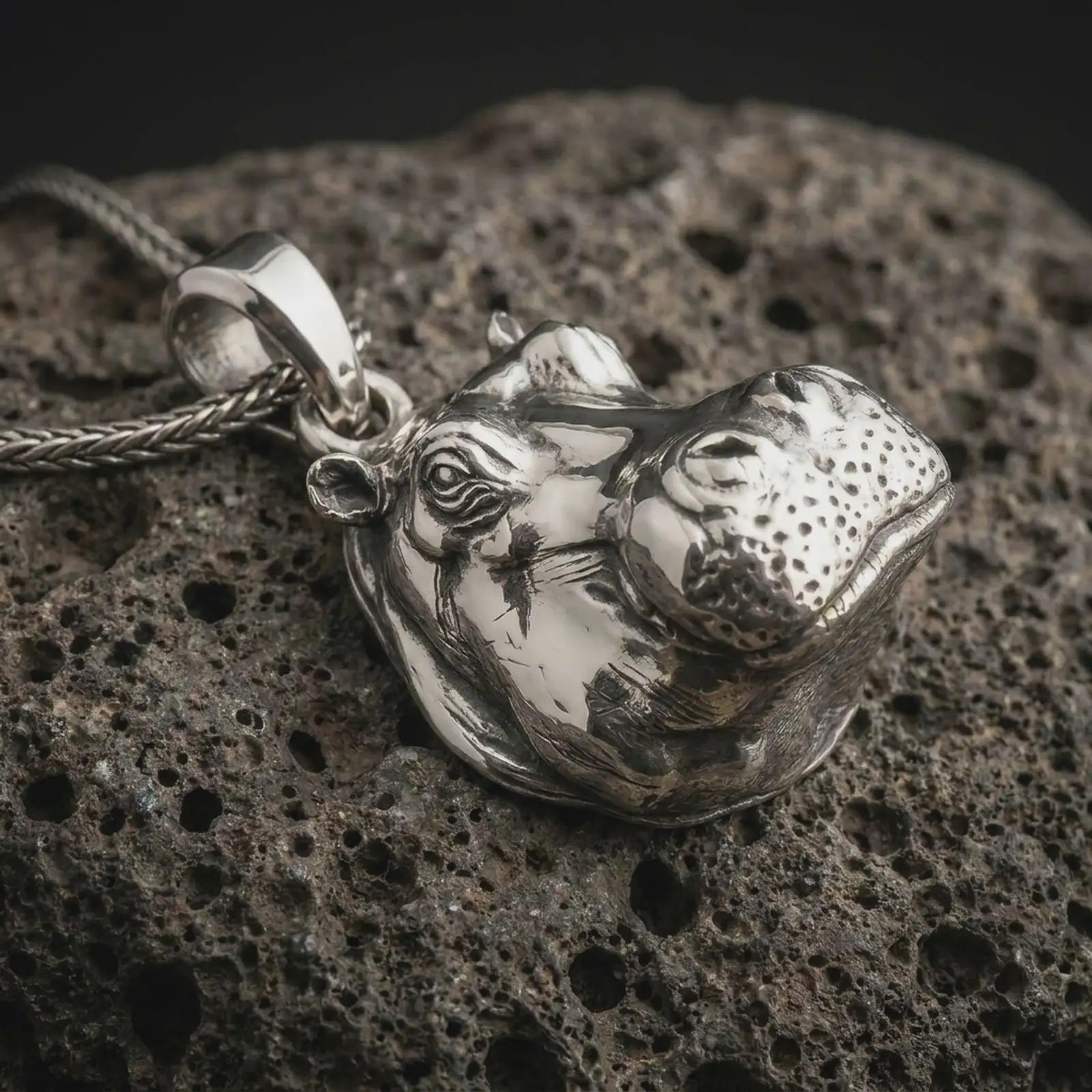 Polished silver hippo head pendant necklace on textured volcanic rock, centered macro jewelry photo with detailed animal charm sculpting and bright silver highlights.