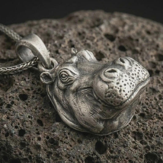 Oxidized hippo head pendant necklace on textured volcanic rock, close-up studio shot highlighting the sculpted animal face, rounded muzzle, detailed eyes, and antique silver contrast.