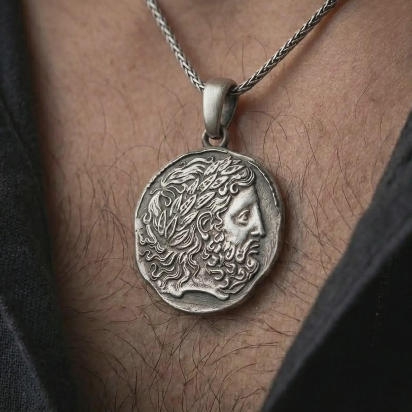 Oxidized ancient Greek coin pendant necklace worn on the neck, styled in a dark lifestyle image that presents the classical bearded portrait as a bold historical and artistic statement piece.