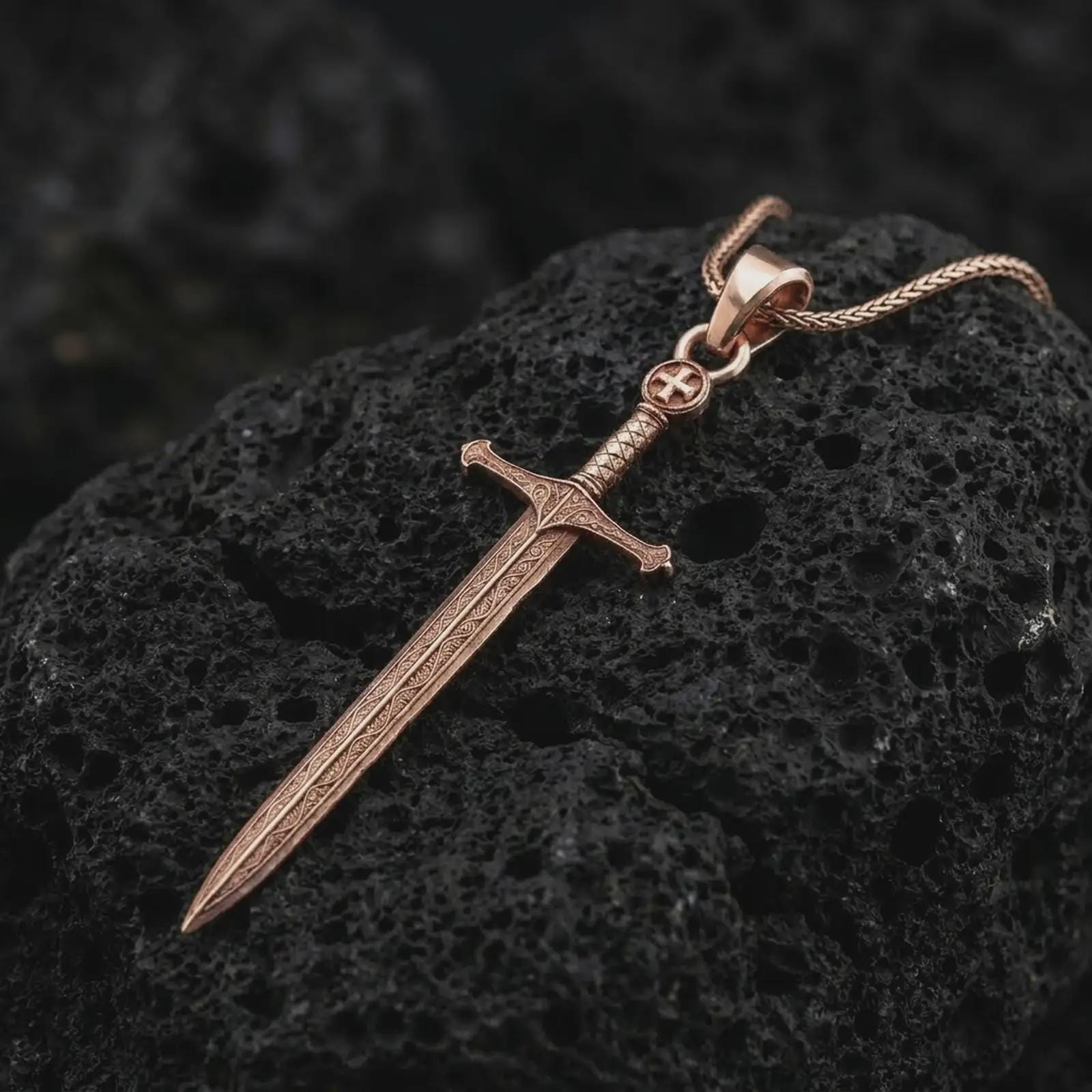 Rose gold plated medieval sword pendant necklace on textured volcanic rock, detailed macro product shot with soft warm reflections and gothic sword symbolism.
