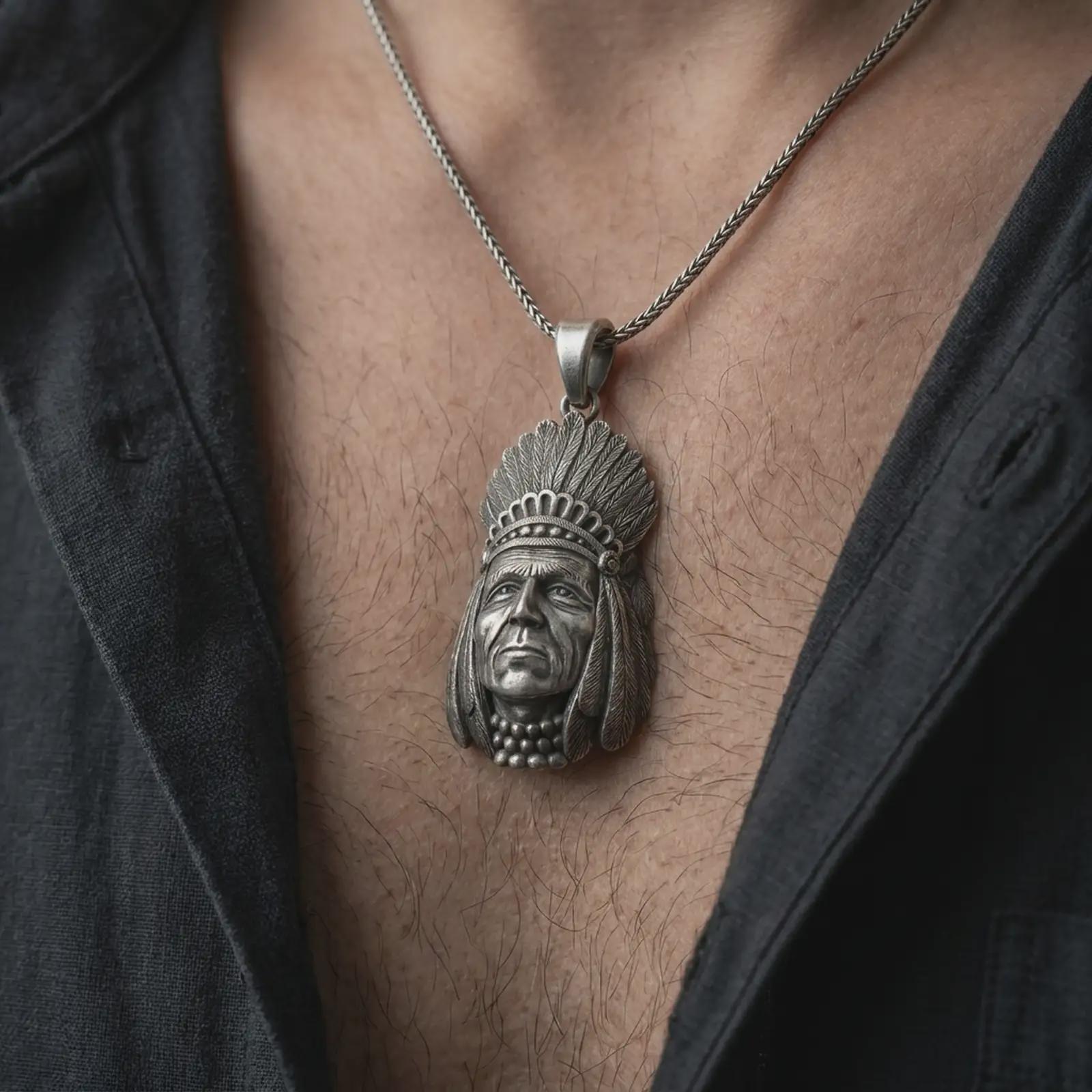 Oxidized feather headdress chief pendant necklace worn on the chest, close-up lifestyle jewelry photo showing the portrait charm on a spiga chain with dark clothing.