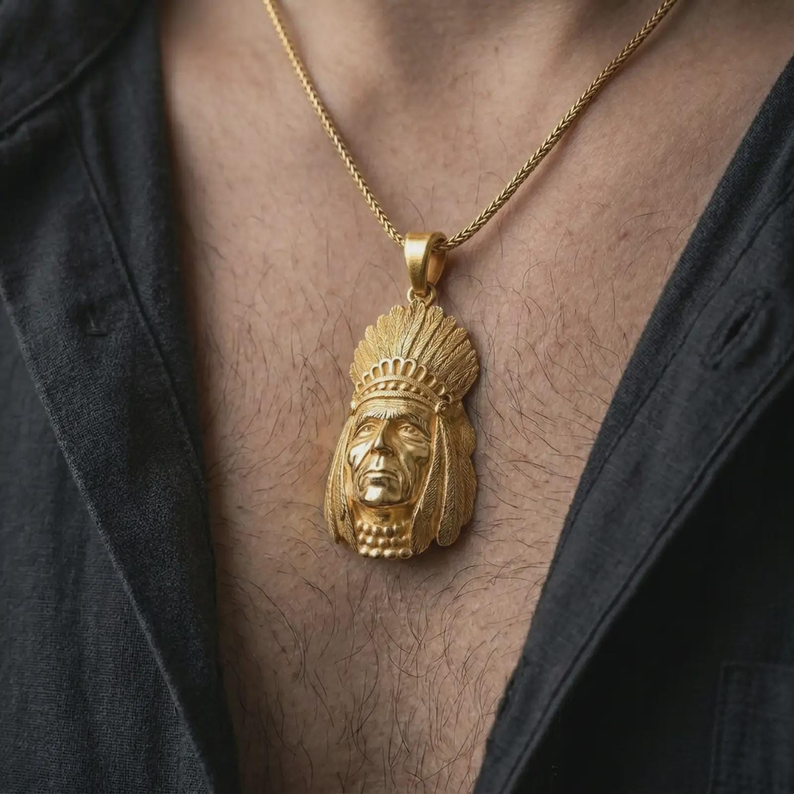 Gold plated feather headdress chief pendant necklace worn on the chest, premium lifestyle jewelry photo with the tribal-inspired portrait pendant centered on a spiga chain.