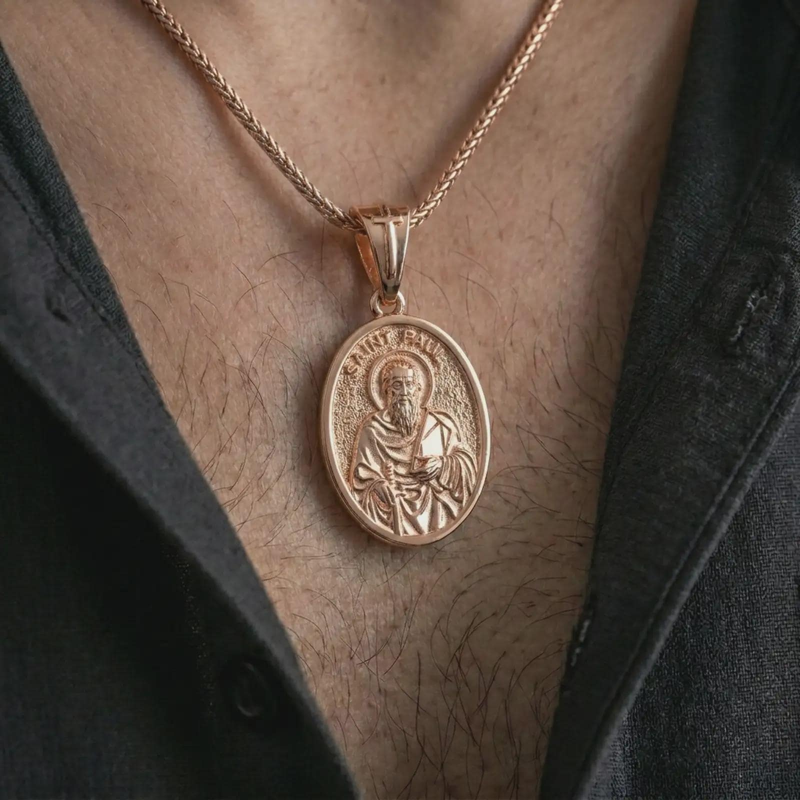 Rose gold plated Saint Paul pendant necklace worn on the chest, close-up lifestyle shot featuring the sacred Saint Paul design with warm rose gold tones.