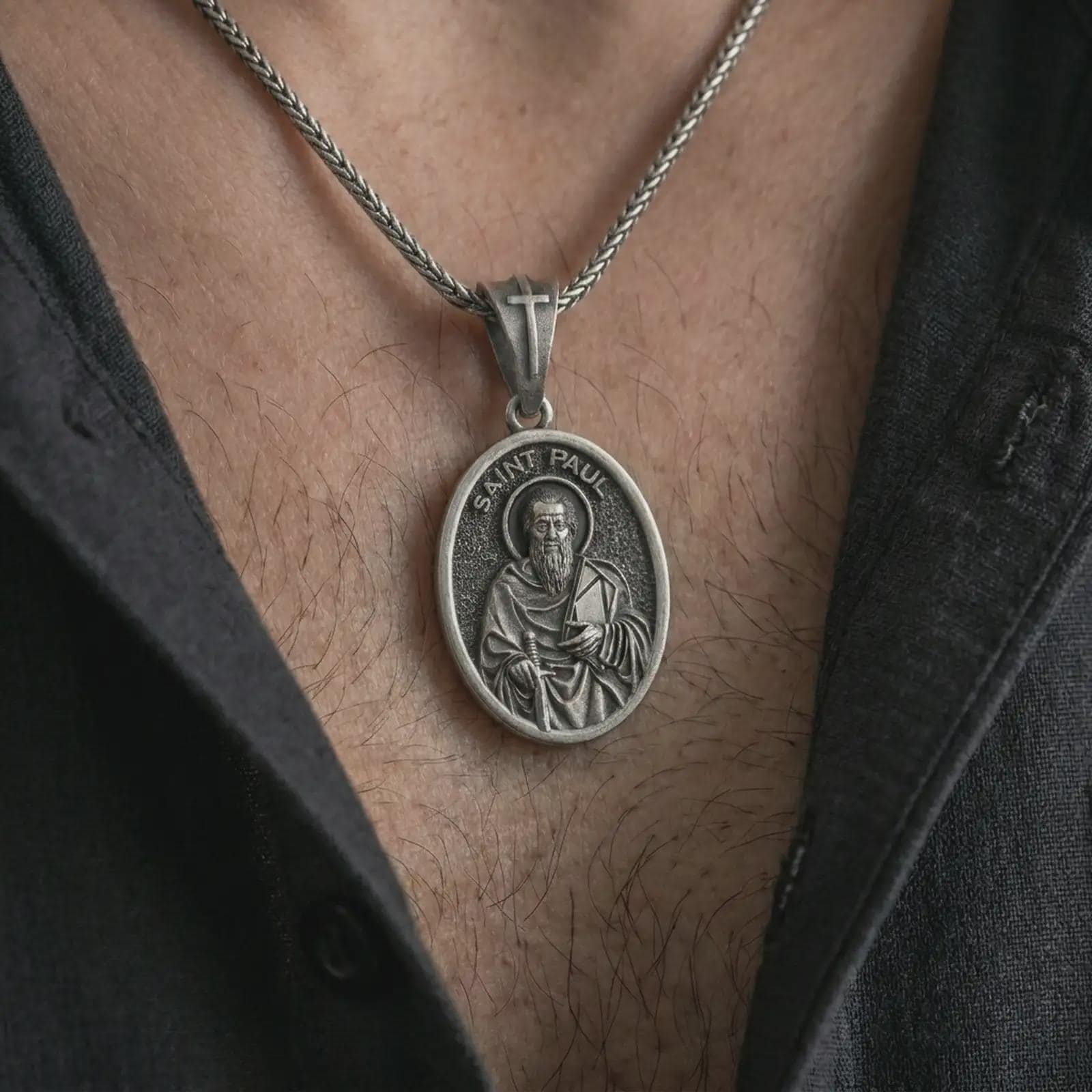 Oxidized Saint Paul pendant necklace worn on the chest, close-up lifestyle jewelry photo showing the religious medallion on a spiga chain with dark clothing.