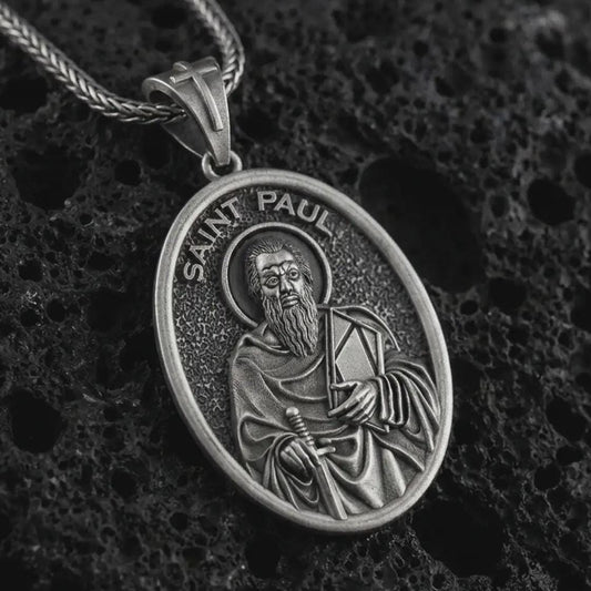 Oxidized Saint Paul pendant necklace on textured volcanic rock, close-up studio shot highlighting the apostle relief, sword, book detail, and antique silver contrast.