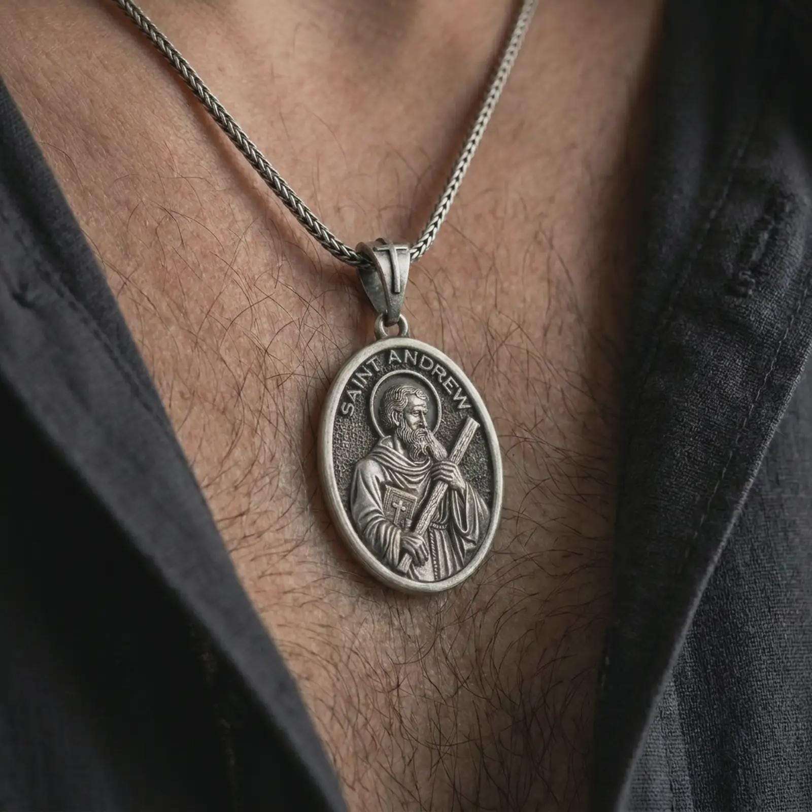 Oxidized Saint Andrew pendant necklace worn on the chest, close-up lifestyle jewelry photo showing the religious medallion on a spiga chain with dark clothing.