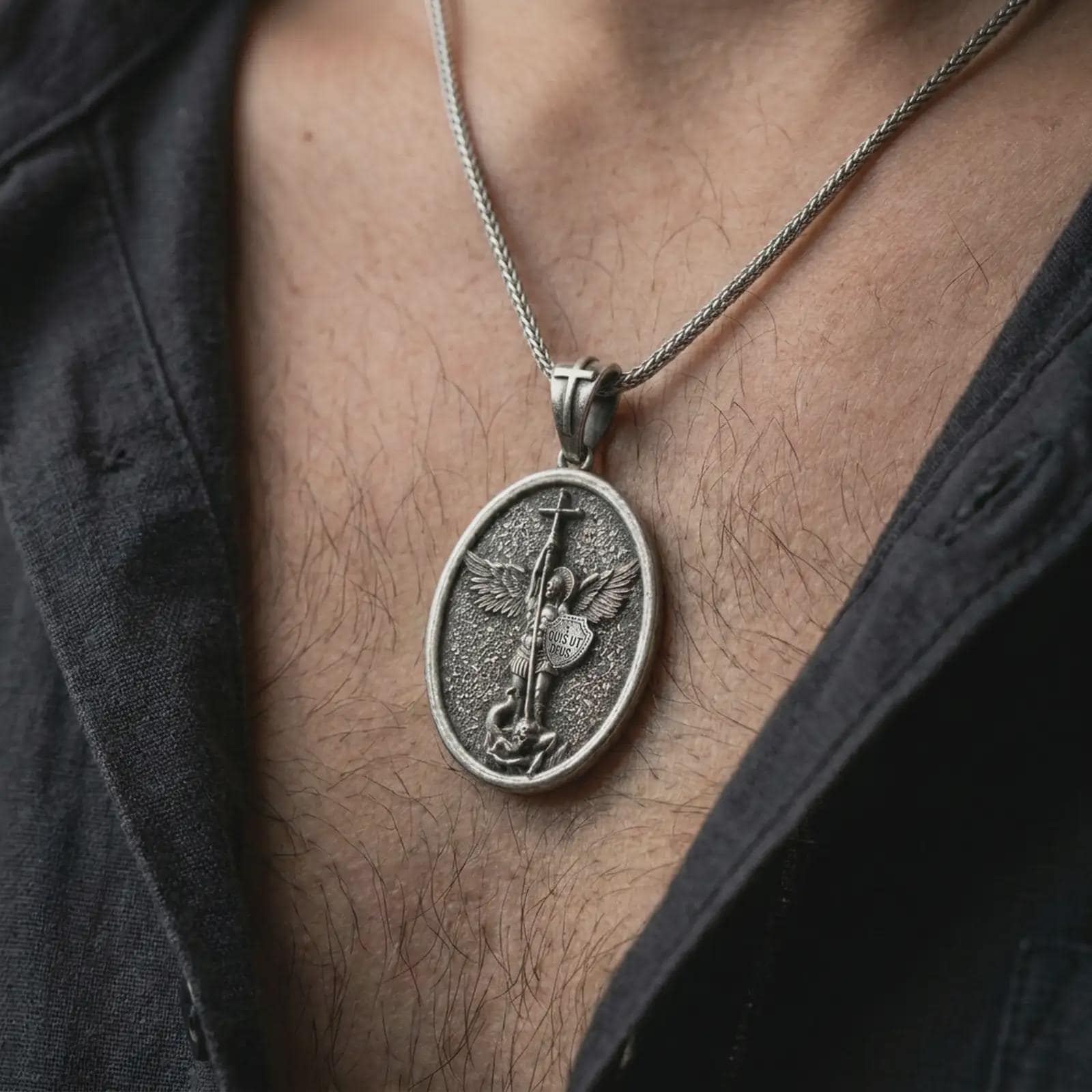 Oxidized Saint Michael pendant necklace worn on the chest, close-up lifestyle jewelry photo showing the archangel medallion on a spiga chain with dark clothing.