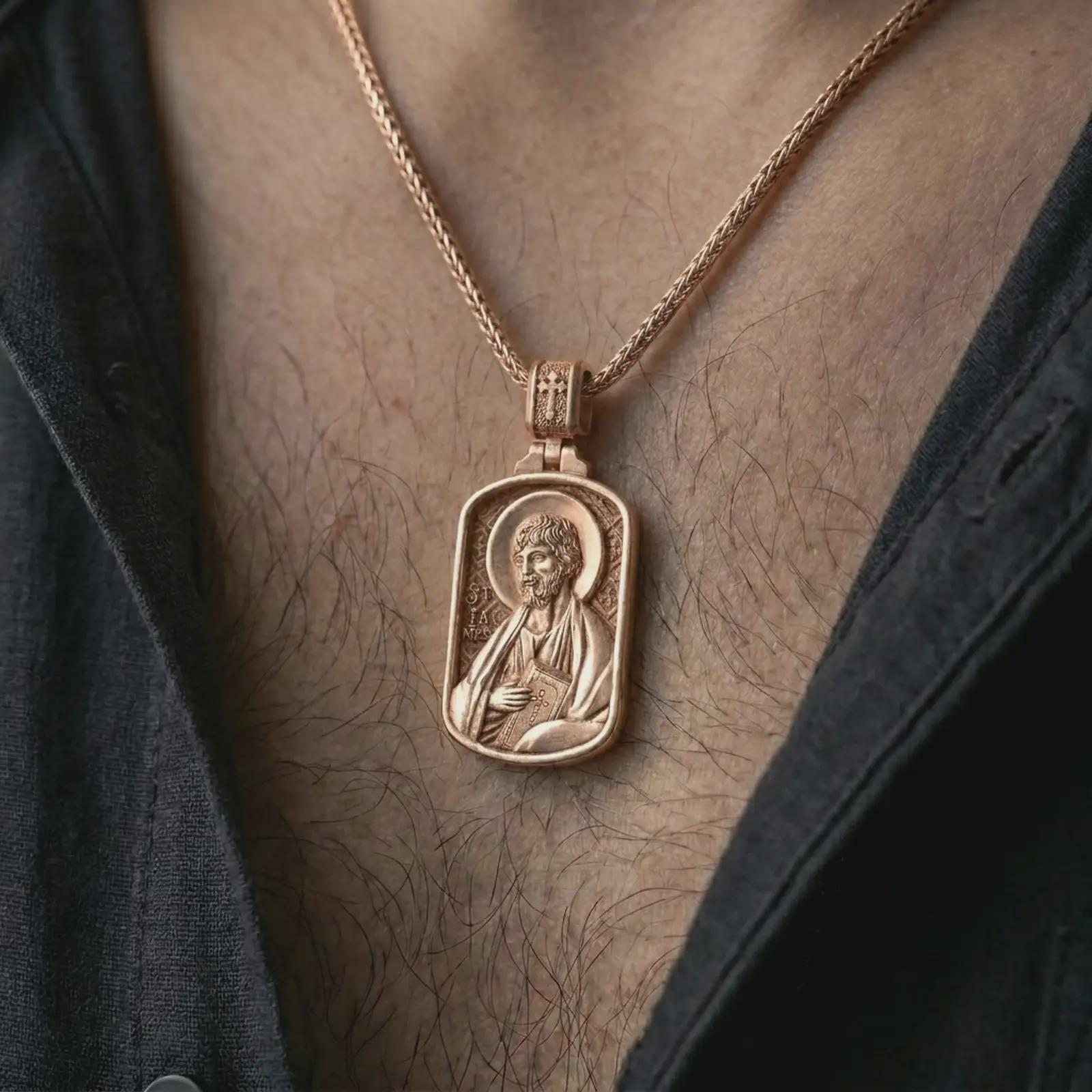 Rose gold plated Saint James the Apostle pendant necklace worn on the chest, close-up lifestyle shot featuring the sacred Saint James the Apostle design with warm rose gold tones.