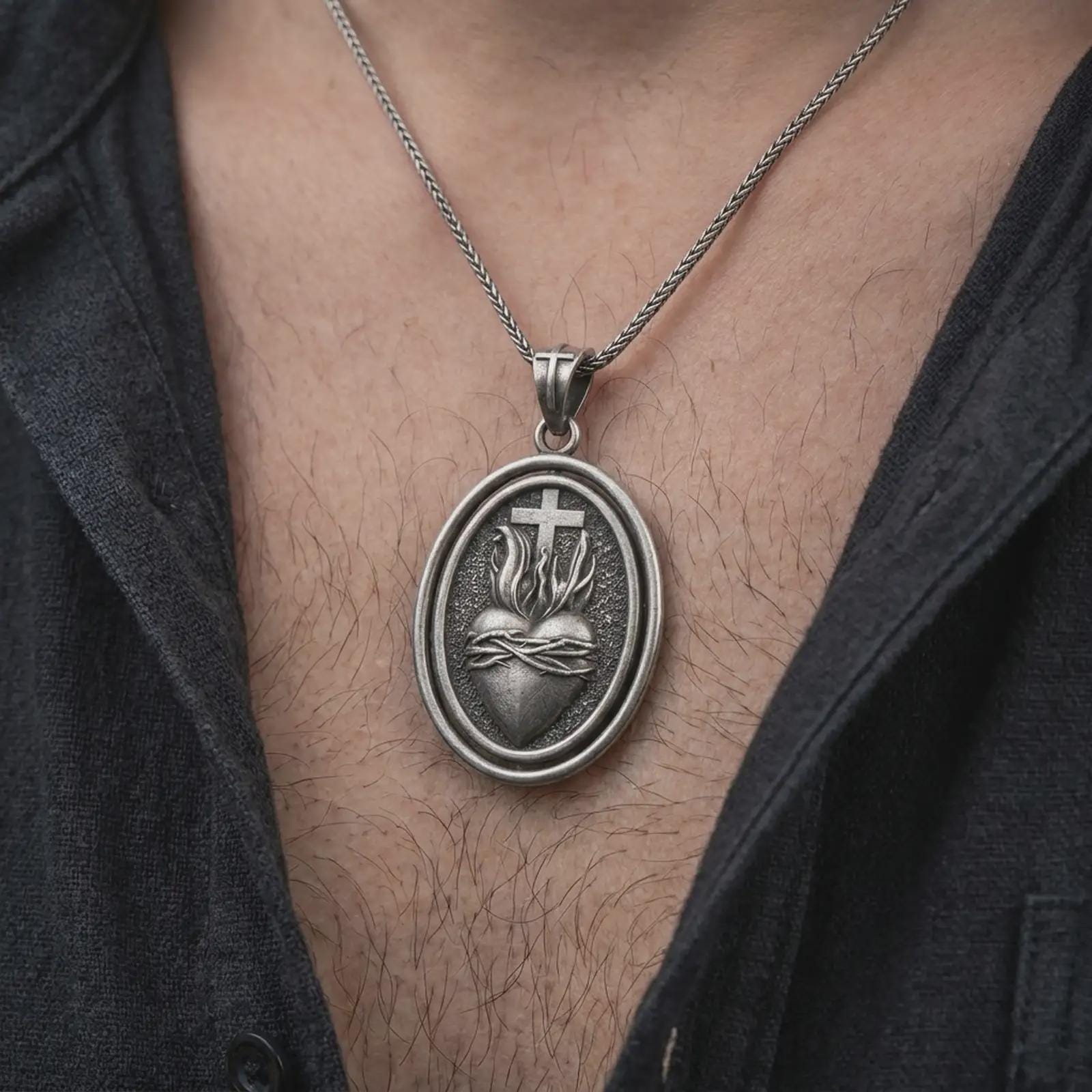 Oxidized Sacred Heart pendant necklace worn on the chest, close-up lifestyle jewelry photo showing the Christian medallion on a spiga chain with dark clothing.