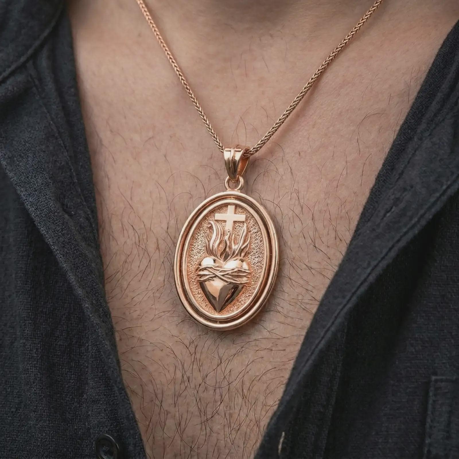 Rose gold plated Sacred Heart pendant necklace worn on the chest, close-up lifestyle shot featuring the sacred heart design with warm rose gold tones.