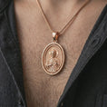 Load image into Gallery viewer, Rose gold plated Saint Jude pendant necklace worn on the chest, close-up lifestyle shot featuring the sacred Saint Jude design with warm rose gold tones.
