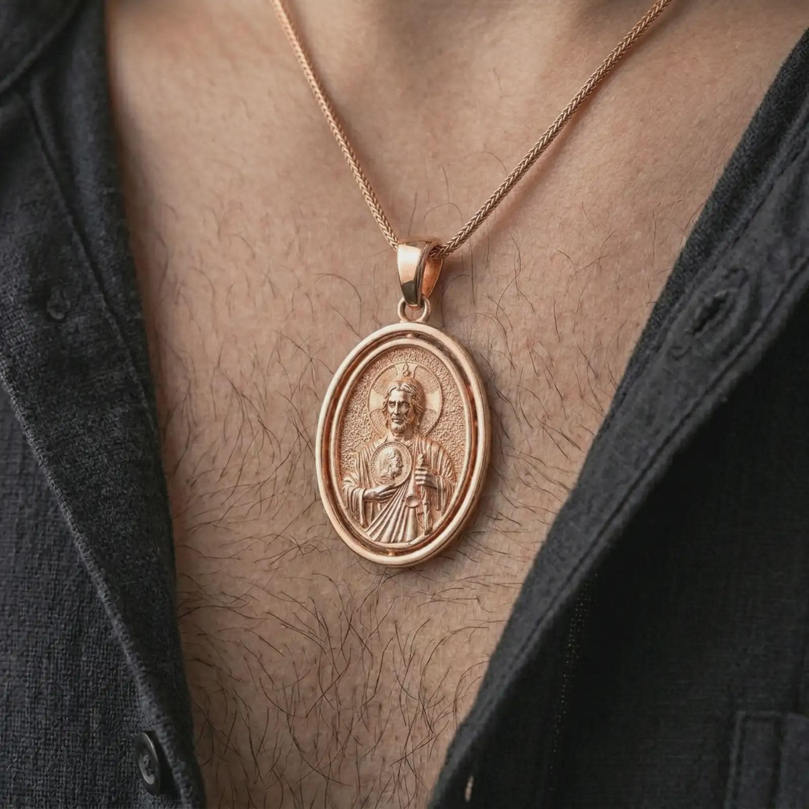 Rose gold plated Saint Jude pendant necklace worn on the chest, close-up lifestyle shot featuring the sacred Saint Jude design with warm rose gold tones.
