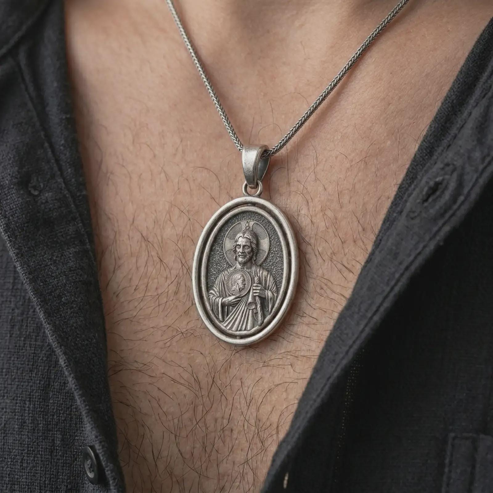 Oxidized Saint Jude pendant necklace worn on the chest, close-up lifestyle jewelry photo showing the Catholic medallion on a spiga chain with dark clothing.