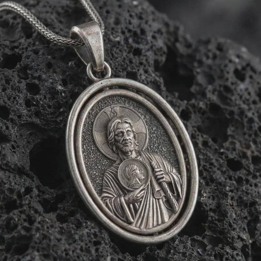 Oxidized Saint Jude pendant necklace on textured volcanic rock, close-up studio shot highlighting the saint relief, halo, medallion detail, and antique silver contrast.
