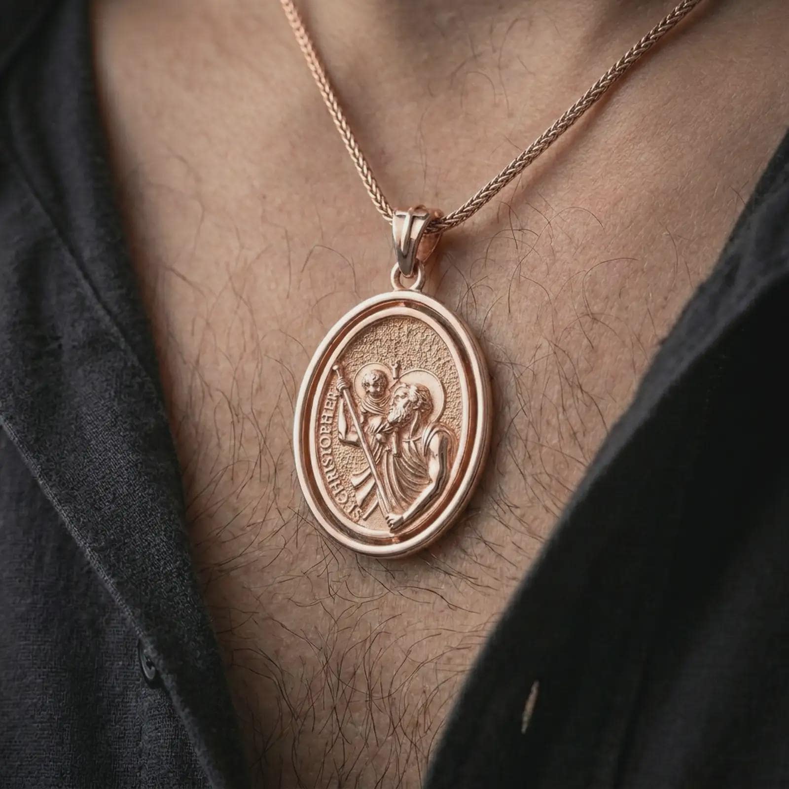 Rose gold plated Saint Christopher spinning pendant necklace worn on the chest, close-up lifestyle shot featuring the sacred Saint Christopher design with warm rose gold tones.