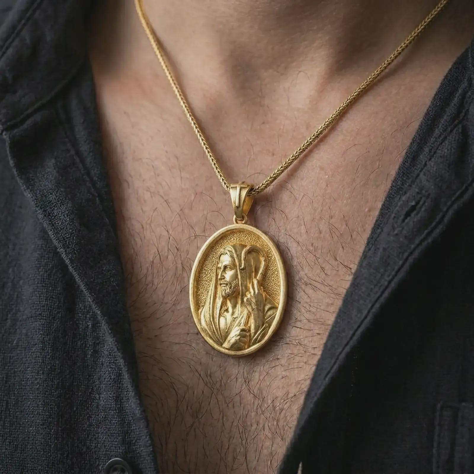 Gold plated Jesus Christ Good Shepherd pendant necklace worn on the chest, premium lifestyle jewelry photo with the Good Shepherd medal centered on a spiga chain.