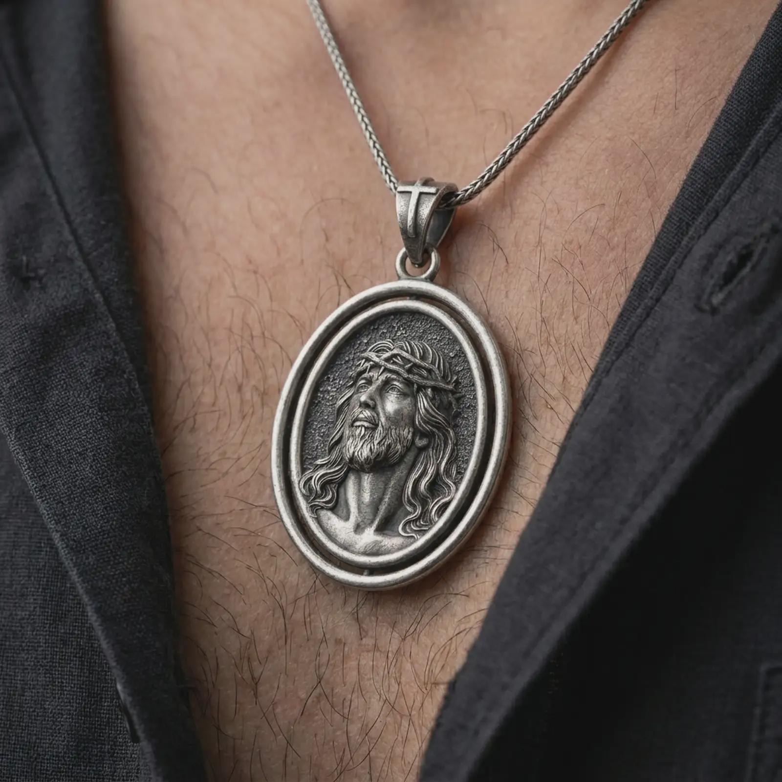 Oxidized spinning Jesus Christ pendant necklace worn on the chest, close-up lifestyle jewelry photo showing the crown of thorns medallion on a spiga chain with dark clothing.