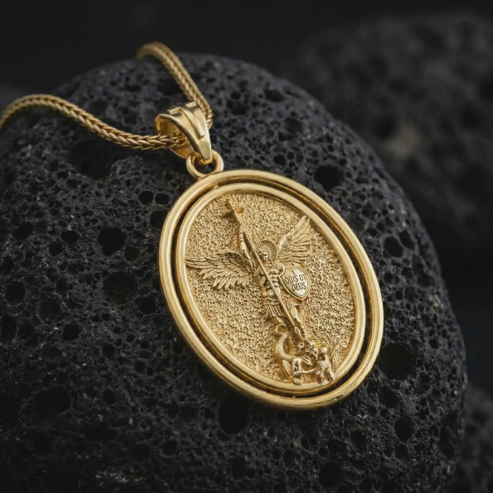 Gold plated Saint Michael spinning pendant necklace on textured volcanic rock, premium close-up studio composition emphasizing the winged archangel, sword, shield, and rotating frame design.