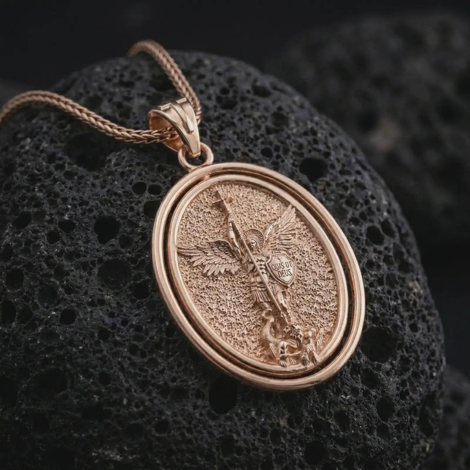Rose gold plated Saint Michael spinning pendant necklace on textured volcanic rock, detailed macro product shot with soft warm reflections and protective archangel symbolism.