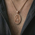 Load image into Gallery viewer, Rose gold plated Saint Barbara pendant necklace worn on the chest, close-up lifestyle shot featuring the sacred Saint Barbara design with warm rose gold tones.
