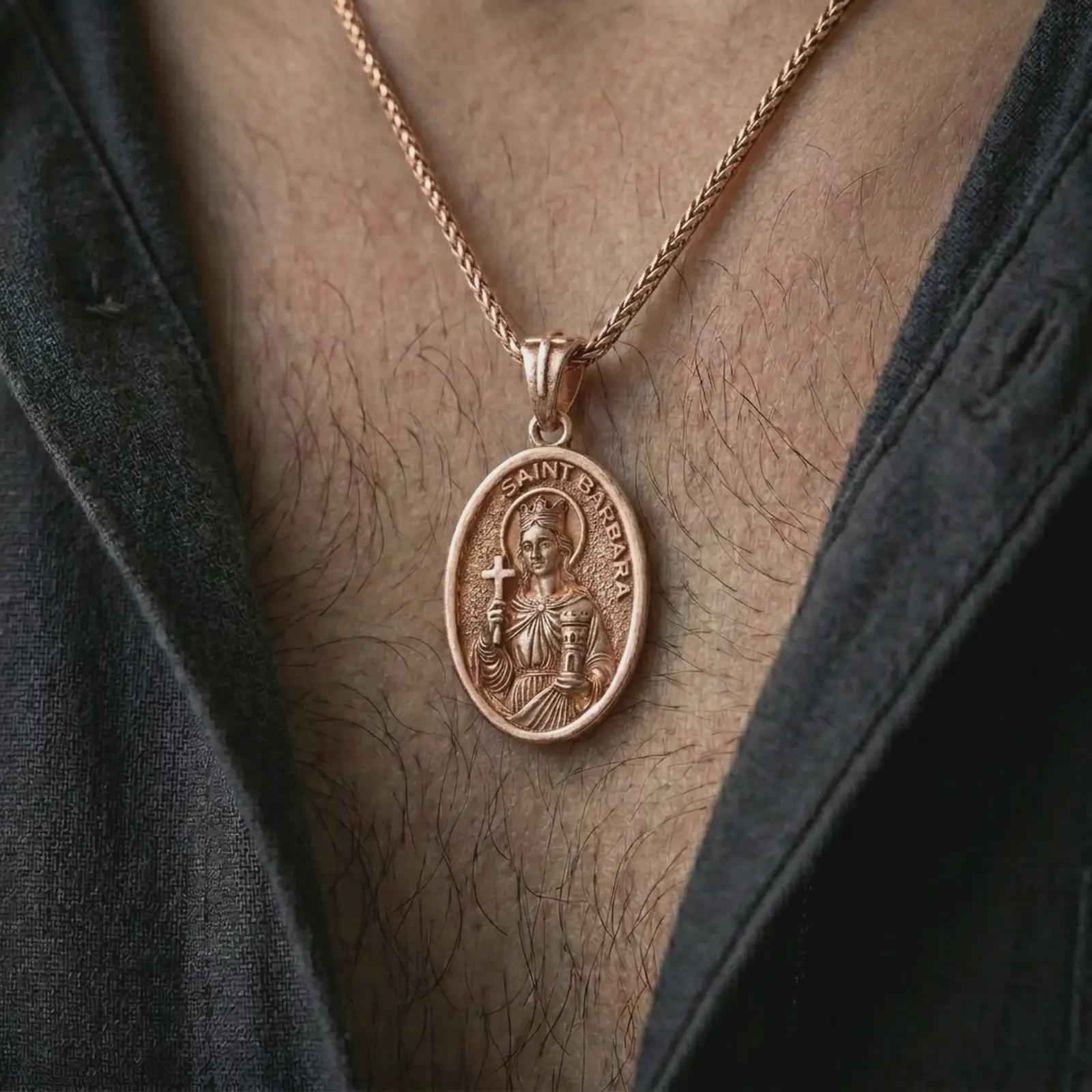 Rose gold plated Saint Barbara pendant necklace worn on the chest, close-up lifestyle shot featuring the sacred Saint Barbara design with warm rose gold tones.