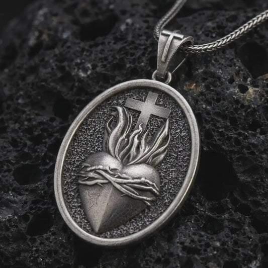 Oxidized Sacred Heart pendant necklace on textured volcanic rock, close-up studio shot highlighting the flaming heart, crown of thorns, cross, and antique silver contrast.