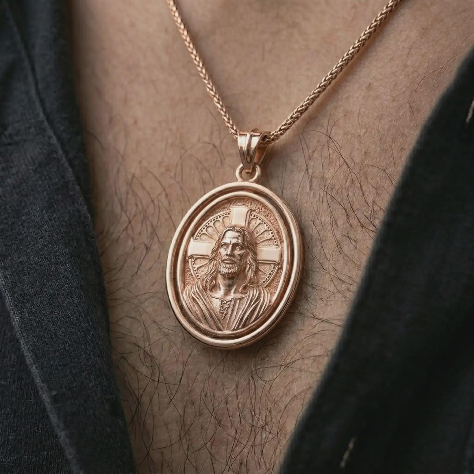 Rose gold plated spinning Jesus Christ pendant necklace worn on the chest, close-up lifestyle shot featuring the sacred Jesus Christ design with warm rose gold tones.