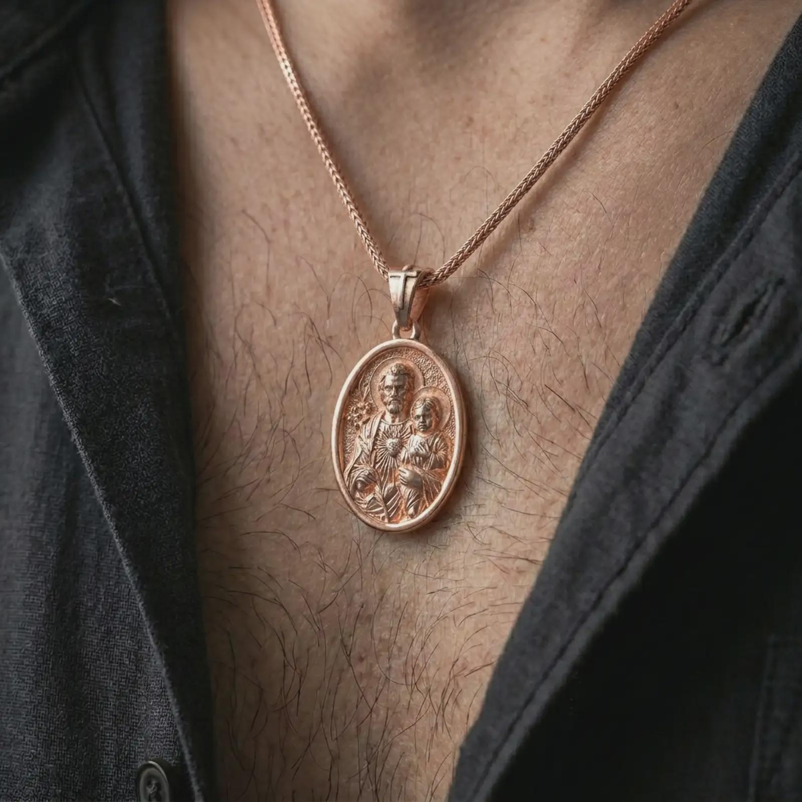 Rose gold plated Saint Joseph and Jesus pendant necklace worn on the chest, close-up lifestyle shot featuring the sacred Saint Joseph and Jesus design with warm rose gold tones.