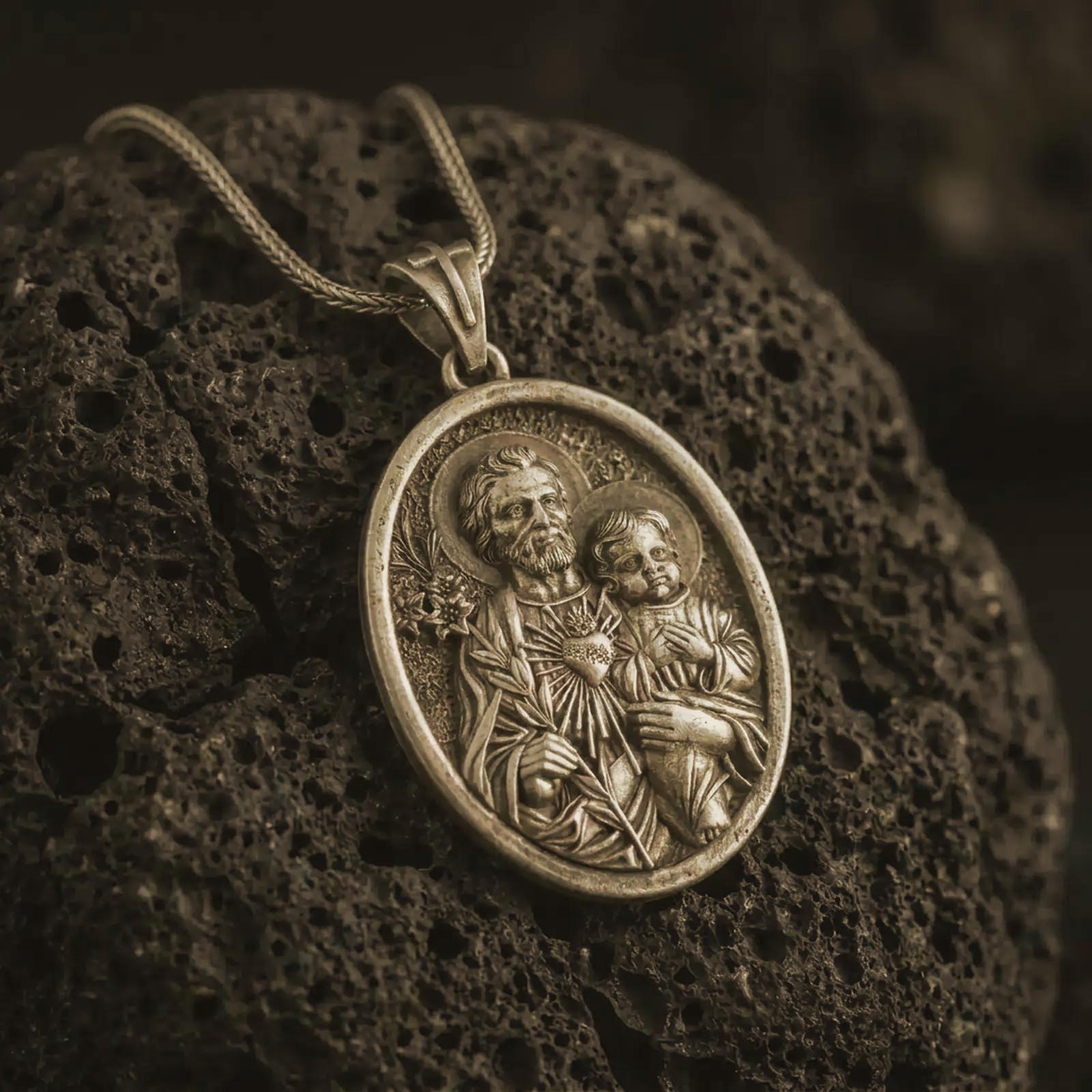 Bronze Saint Joseph and Jesus pendant necklace on textured volcanic rock, close-up studio shot highlighting the father and child relief, lily, sacred heart, and antique silver contrast.