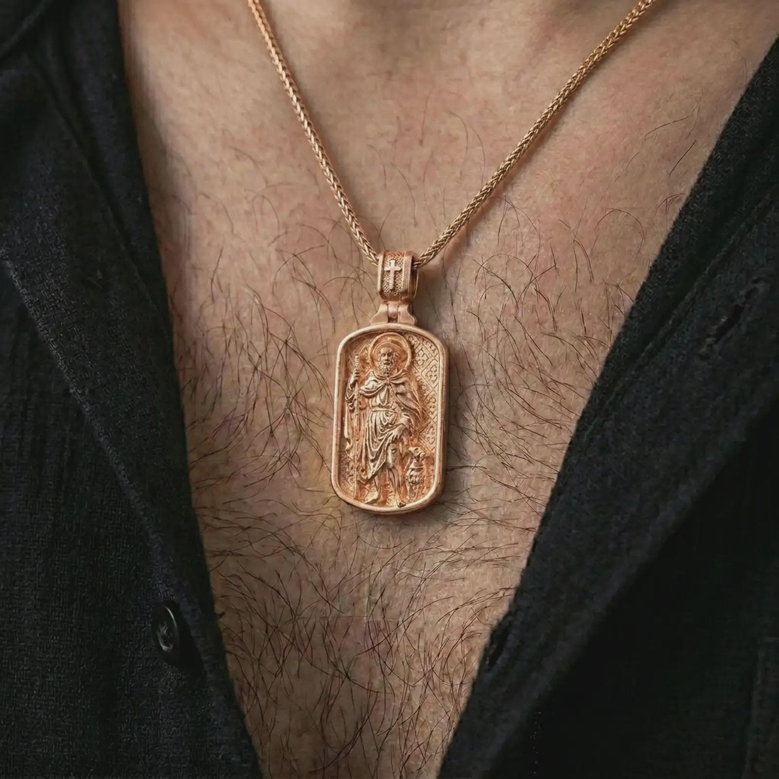 Rose gold plated Saint Roch dog tag pendant necklace worn on the chest, close-up lifestyle shot featuring the sacred Saint Roch design with warm rose gold tones.