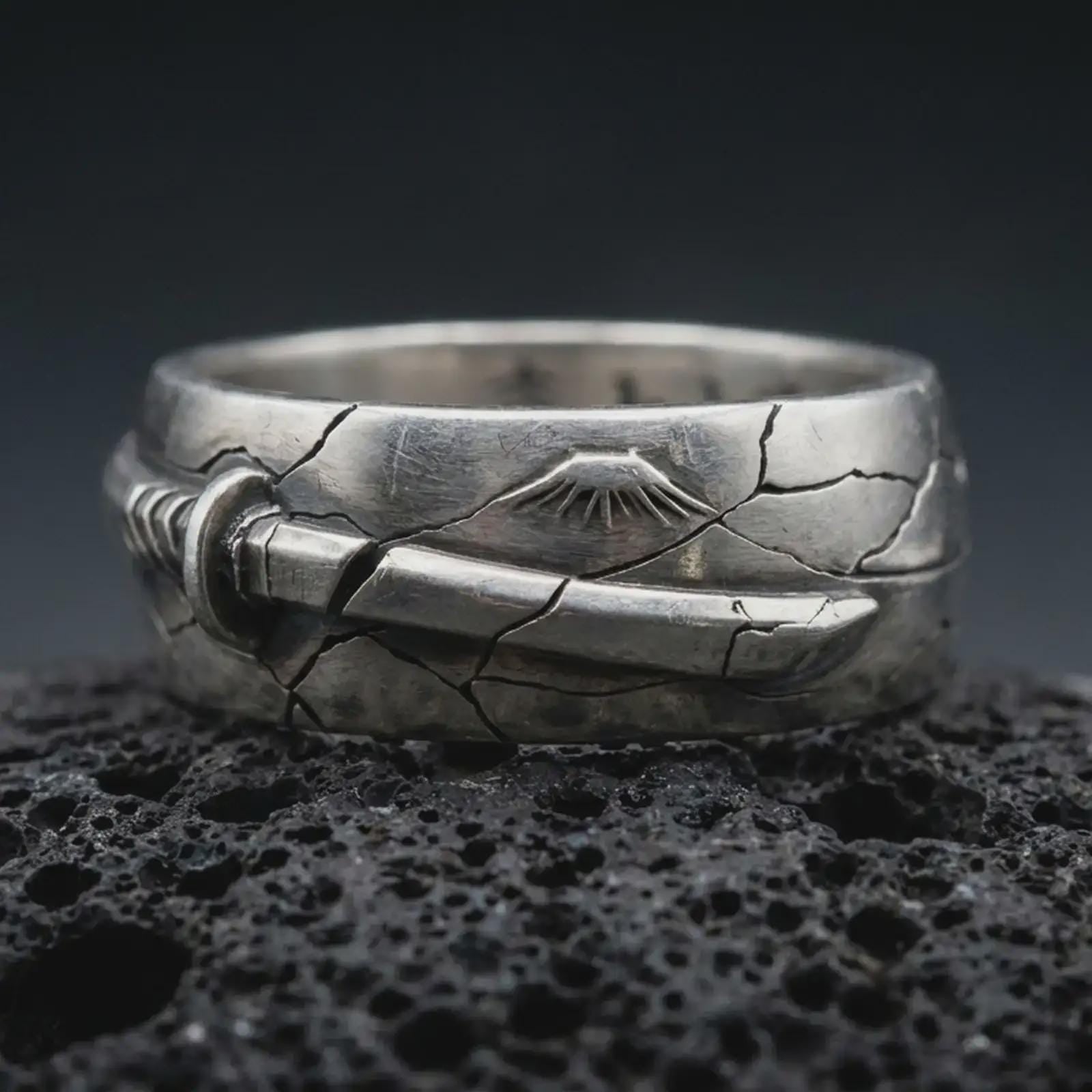 Oxidized Bushido sword band ring on textured volcanic rock, close-up studio shot highlighting the wrapped sword motif, cracked metal texture, rising sun detail, and antique silver contrast.