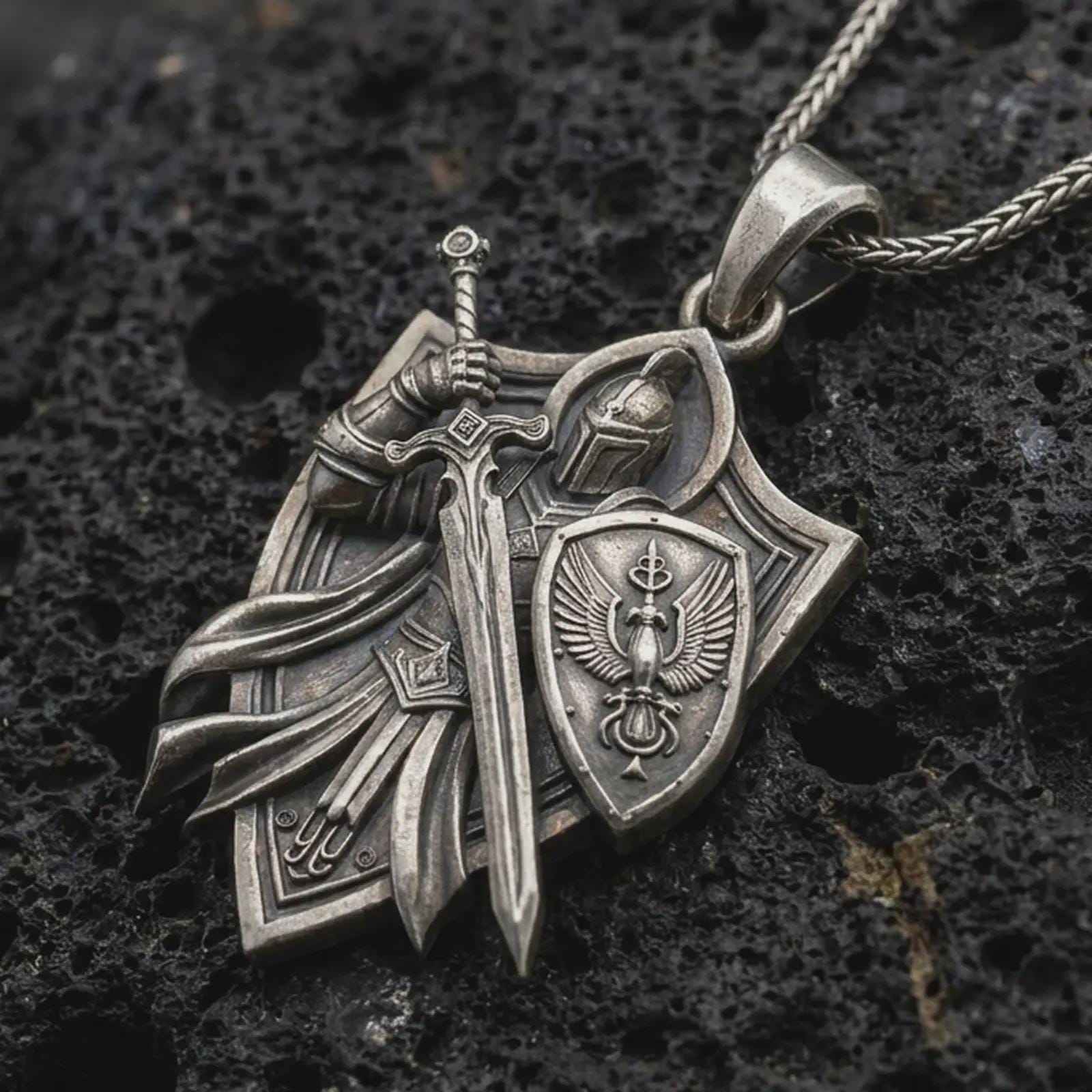 Oxidized medieval knight pendant on porous volcanic rock with deep shadows and crisp relief details.