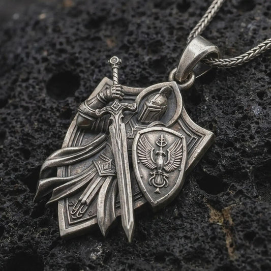 Oxidized medieval knight pendant on porous volcanic rock with deep shadows and crisp relief details.