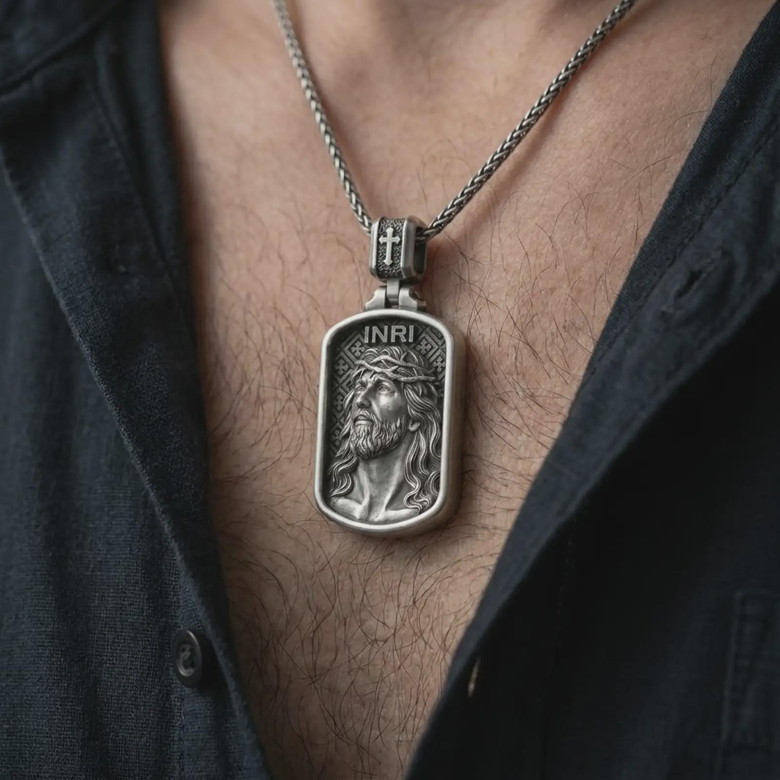 Oxidized INRI Jesus pendant necklace worn on the chest, close-up lifestyle jewelry photo showing the religious medallion on a spiga chain with dark clothing.