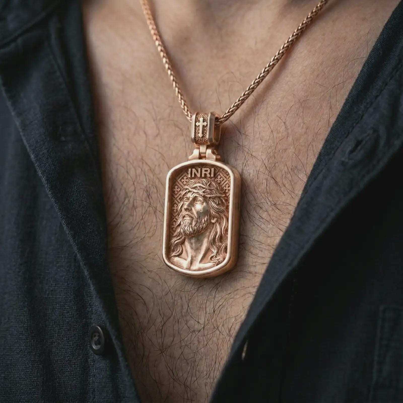 Rose gold plated INRI Jesus pendant necklace worn on the chest, close-up lifestyle shot featuring the sacred INRI Jesus design with warm rose gold tones.