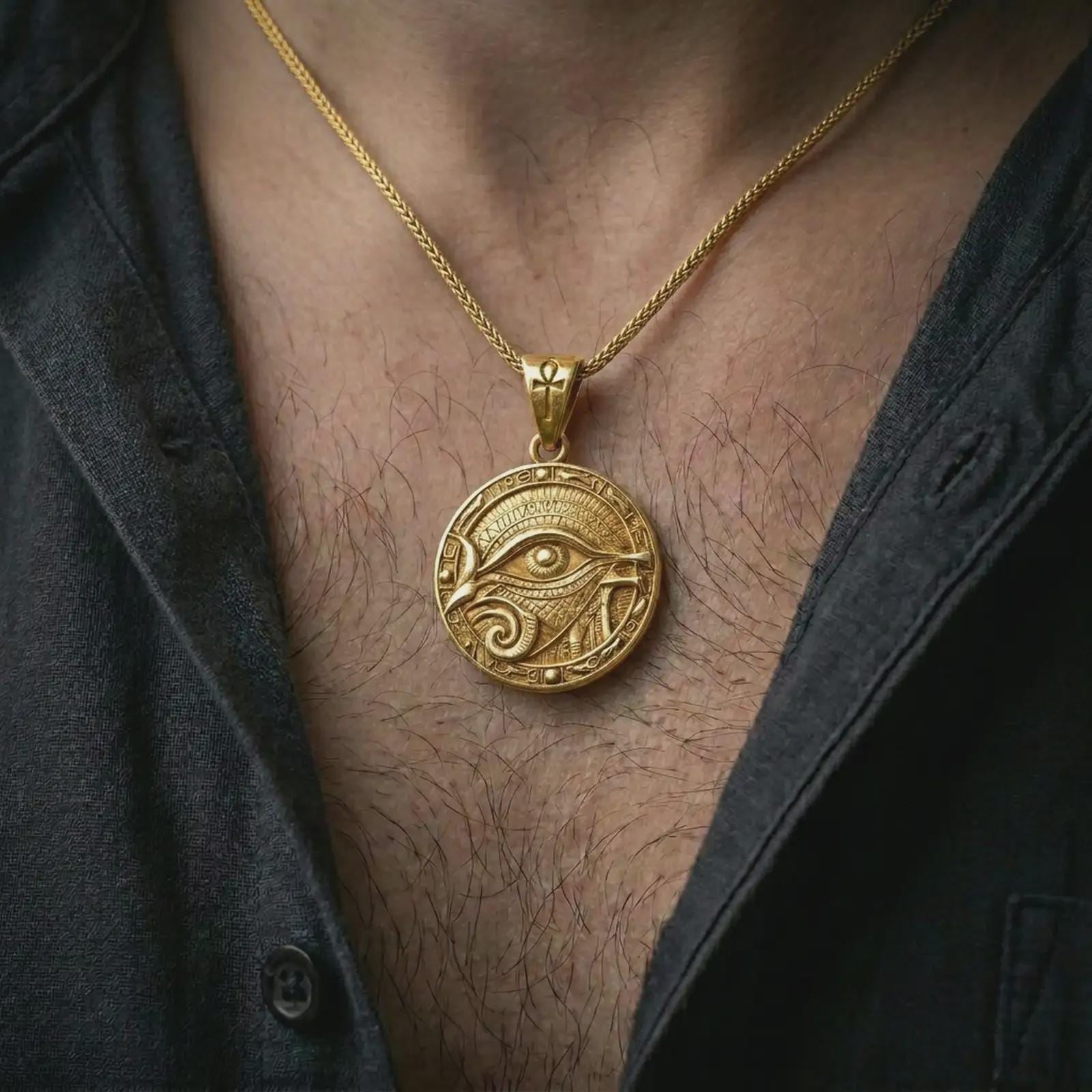 A gold plated Eye of Horus pendant is worn on the neck in a close-up lifestyle shot, styled as a meaningful protection amulet for men.