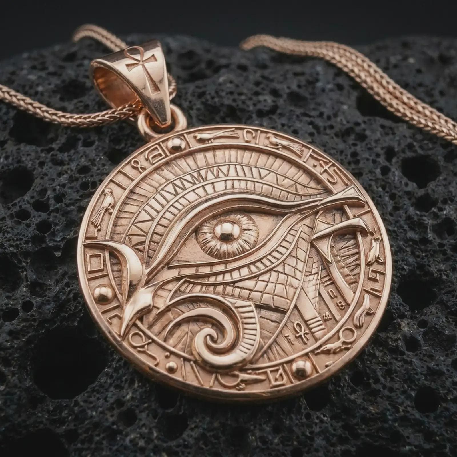 A rose gold plated Eye of Horus pendant is photographed on porous volcanic rock in a close-up studio composition with dramatic luxury lighting.