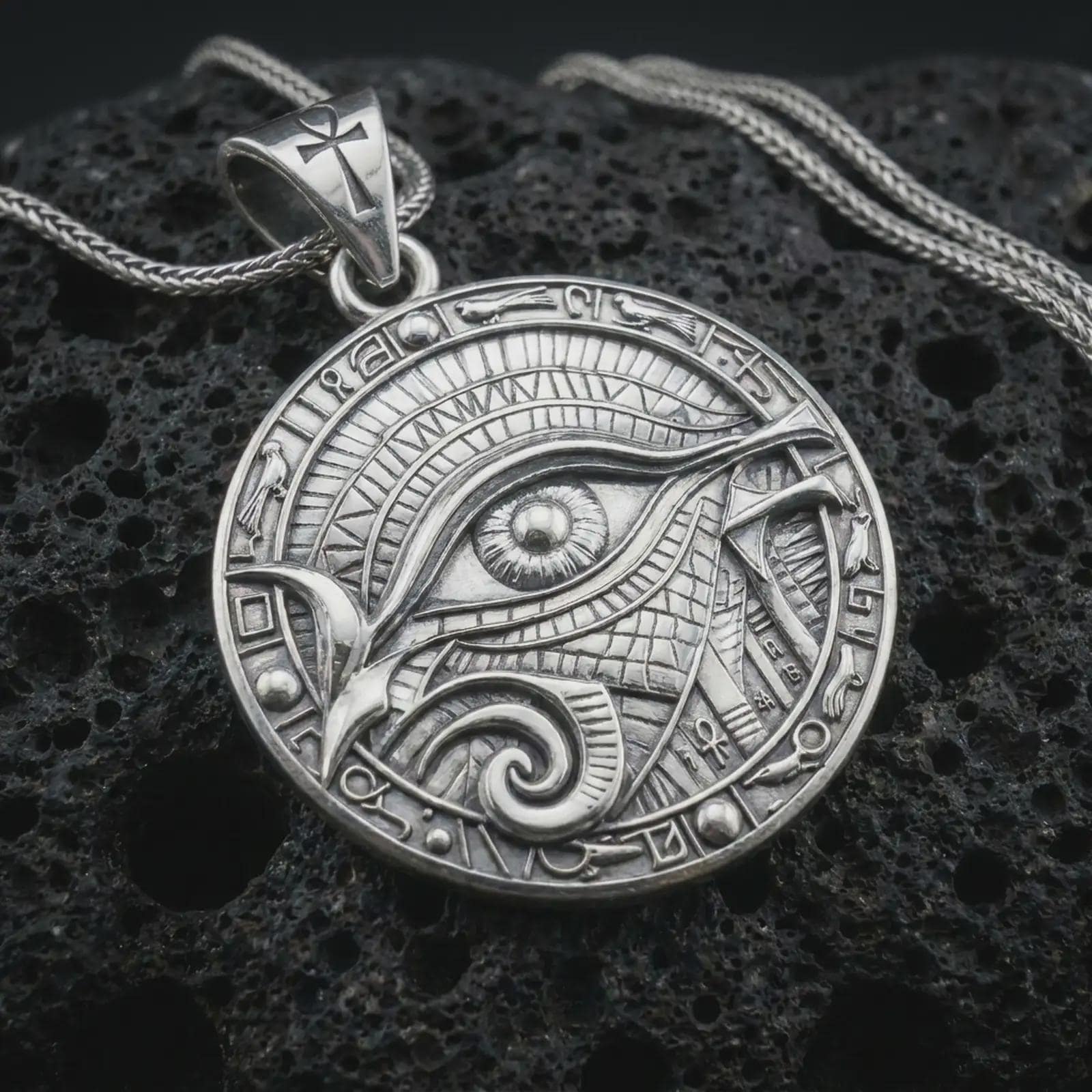 A polished silver Eye of Horus pendant is displayed on black volcanic rock in a premium macro studio close-up with detailed ancient-style engraving.