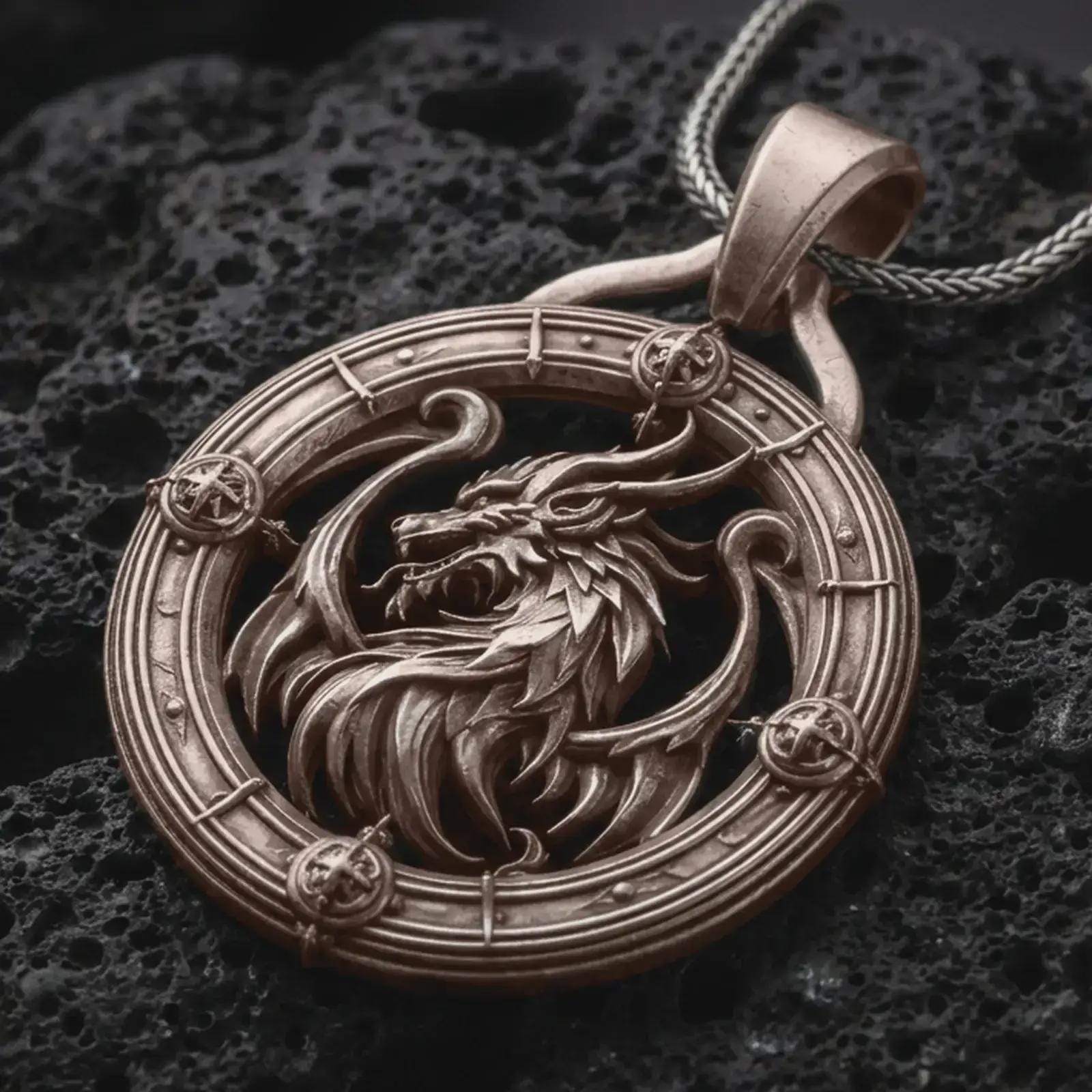 A Bronze dragon pendant rests on dark volcanic rock in a macro studio close-up, showing a fierce mythical creature inside a detailed round frame.
