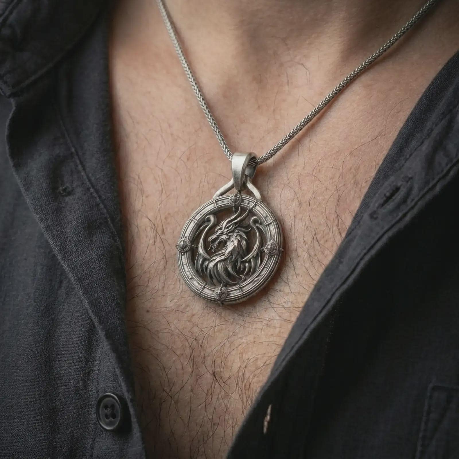 An oxidized dragon pendant is worn on the neck in a close-up lifestyle shot, centered on the chest as a strong mythical symbol necklace.