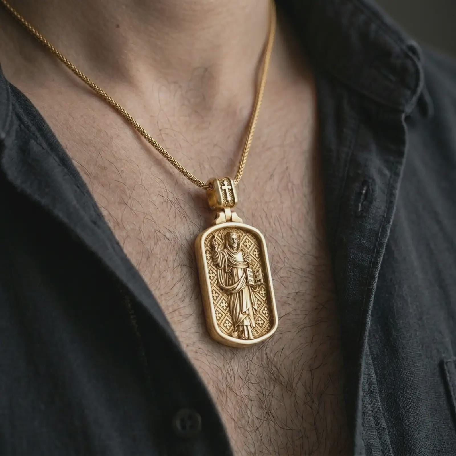 Gold plated Saint Dominic dog tag pendant necklace worn on the chest, premium lifestyle jewelry photo with the Saint Dominic dog tag medal centered on a spiga chain.