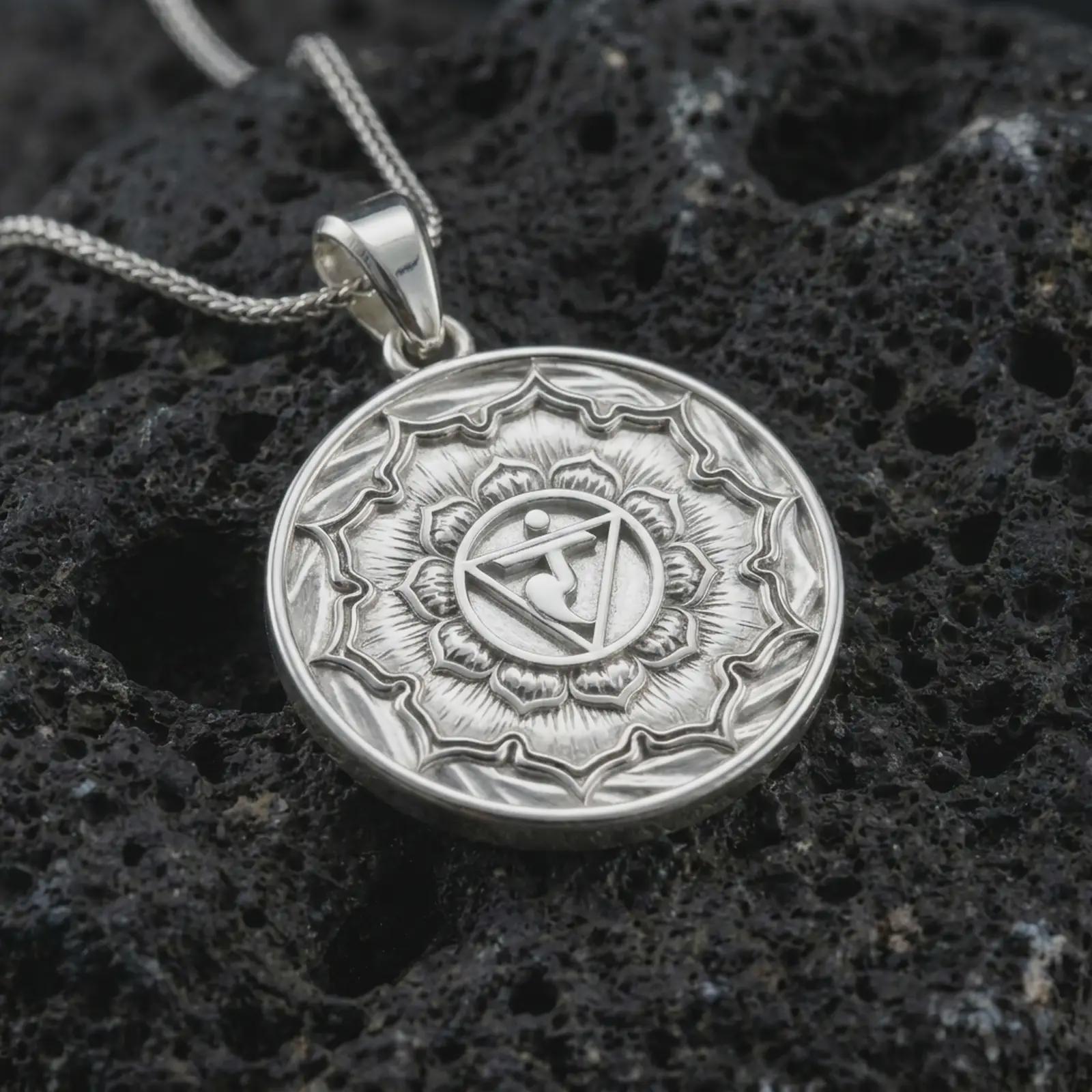 Polished silver Manipura chakra pendant necklace on textured volcanic rock, centered macro jewelry photo with detailed lotus mandala relief and bright silver highlights.